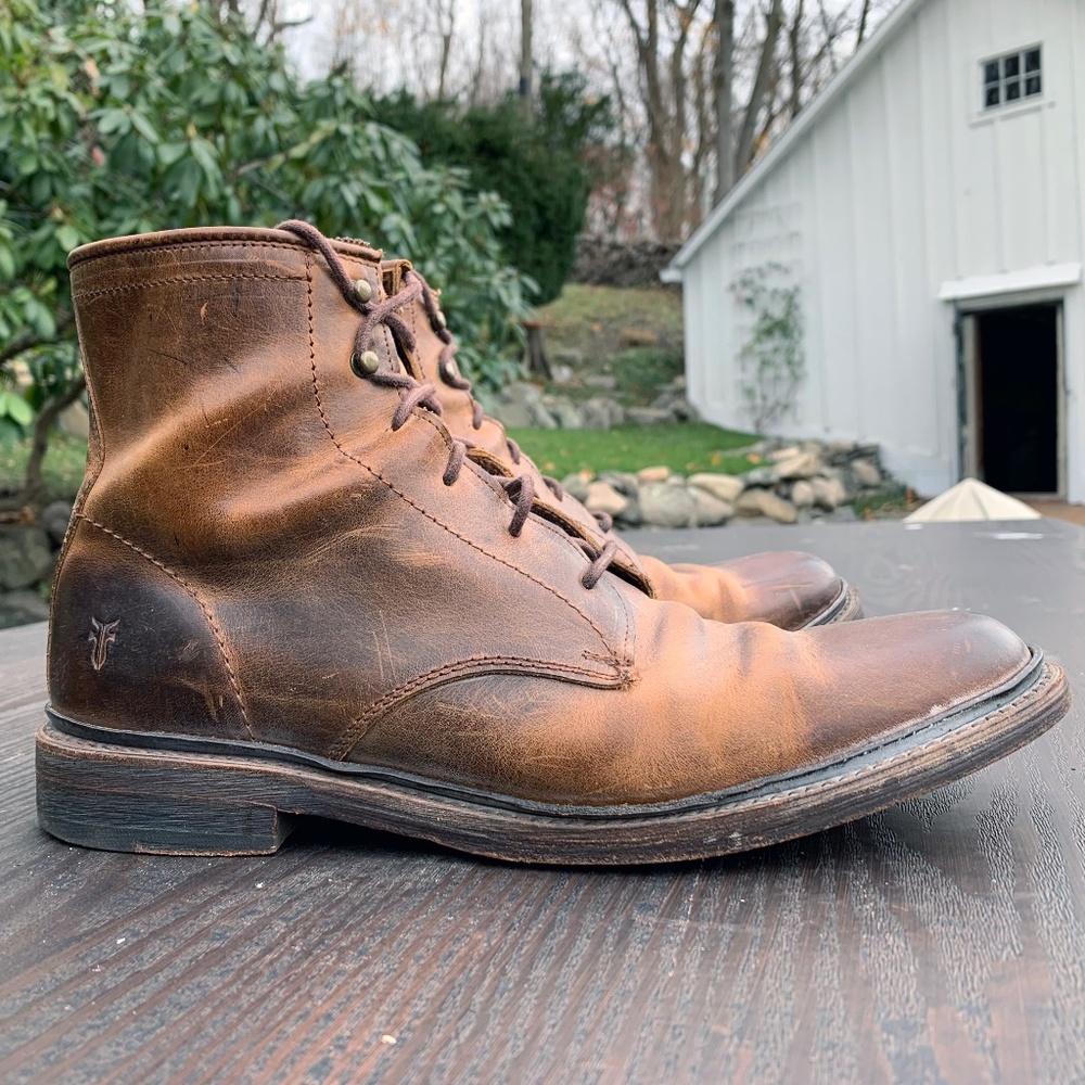 FRYE James Lace Up Brown Leather Distressed Ankle Boots 9.5